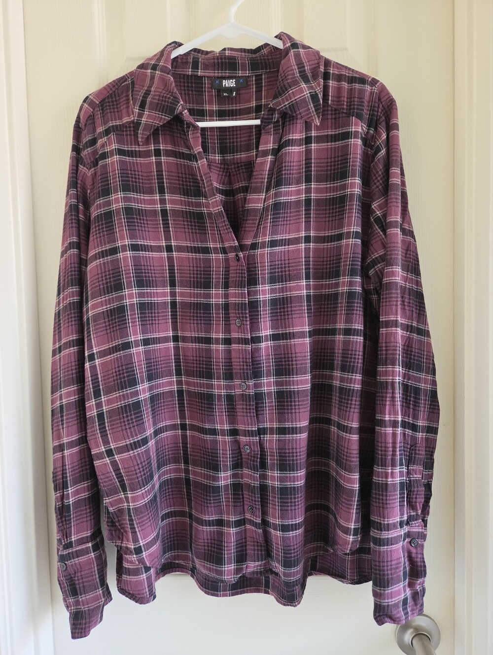 PAIGE Davlyn Plaid Shirt Purple Black Oversized Boyfriend Button Down Blouse XL